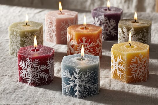 Close Up View of Burning Decorative Candles in Various Colors with Snowflake Pattern on Tabletop