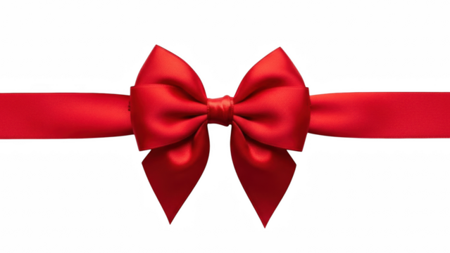 A vibrant red satin ribbon tied into a bow against a stark black background creates a festive look on transparent background