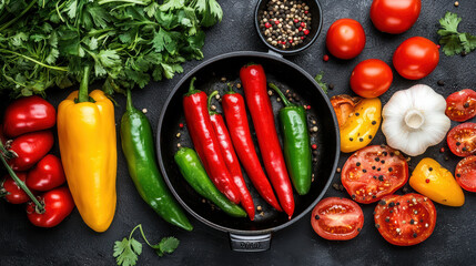 Fresh colorful peppers and tomatoes arranged with garlic and herbs, vibrant kitchen produce