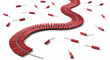 Red Firecracker String and Scattered Firecrackers on White Background