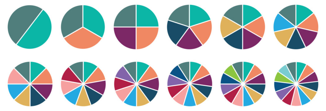 Circle pie chart icons.Set of colorful pie charts.Circle pie chart. 2,3,4,5,6,7,8,9,10,11,12,13, sections or steps. Pie charts diagrams. Different color circles. Geometric element. Vector illustration