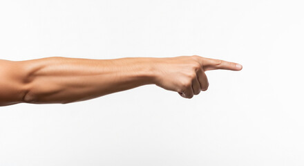 Male Arm with Index Finger Pointing Right, White Background