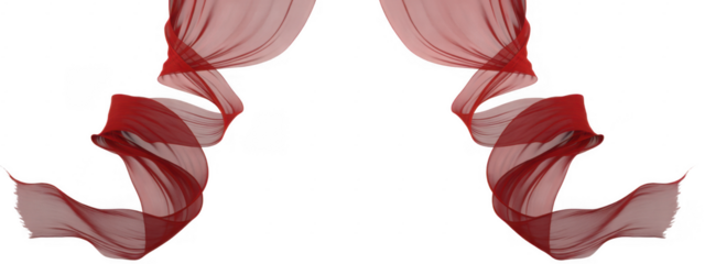 Two flowing sheer red fabric ribbons swirling against black isolated on a transparent background