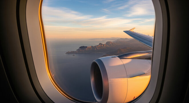 Aerial View: Airplane Wing, Ocean, Mountains at Golden Hour Sunset