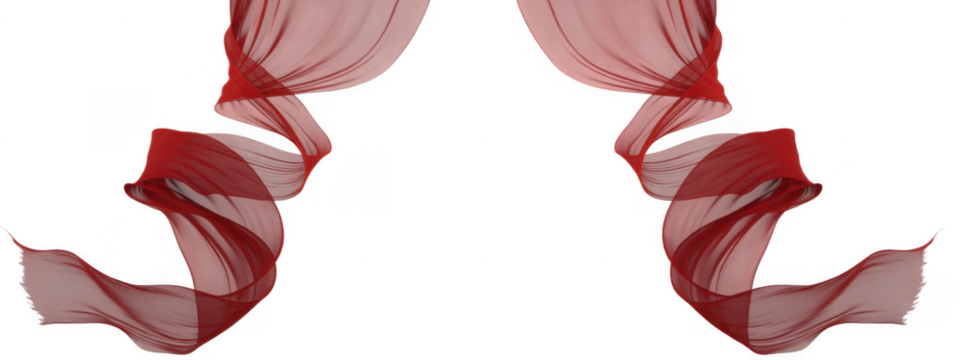 Two flowing sheer red fabric ribbons swirling against black isolated on a transparent background