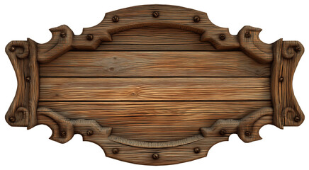 Wooden sign with ornate frame and textured surface isolated on transparent background.
