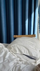 Serene Bedroom View with Bamboo on Pillow and Sunny Blue Drapes