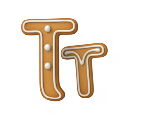 Two gingerbread letters T and t decorated with white icing and candy isolated on a transparent background
