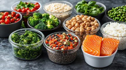 High protein meal prep with salmon, legumes, vegetables and grains arranged in bowls, appetizing