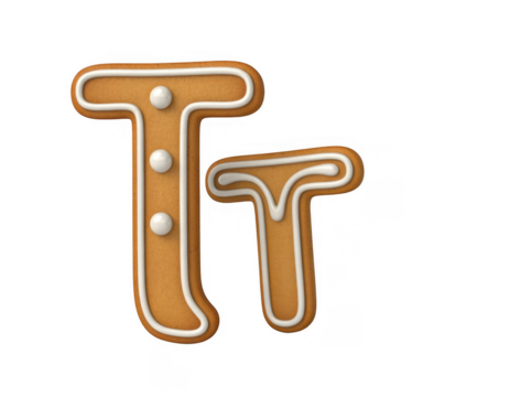Two gingerbread letters T and t decorated with white icing and candy isolated on a transparent background
