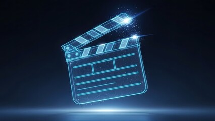 Futuristic glowing digital clapperboard with wireframe and particle effect