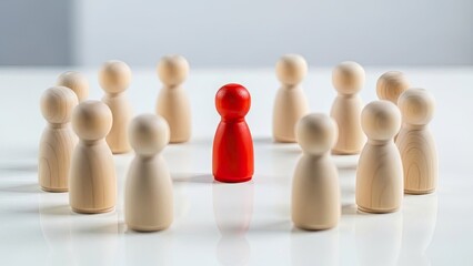 Unique red peg doll standing out in a circle of many wooden figures.