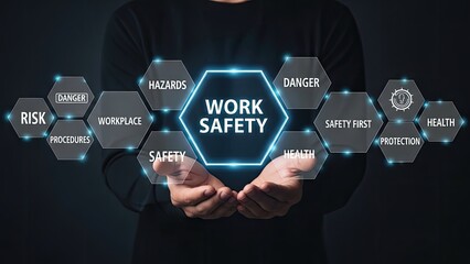 Work safety concept with hexagonal icons. risk, health, and protection plan.