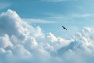 Fototapeta premium Majestic Soaring Eagle Above Fluffy Clouds in a Serene Blue Sky.