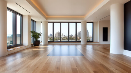 Obraz premium Modern empty fitness studio with large windows and city view, calm natural light