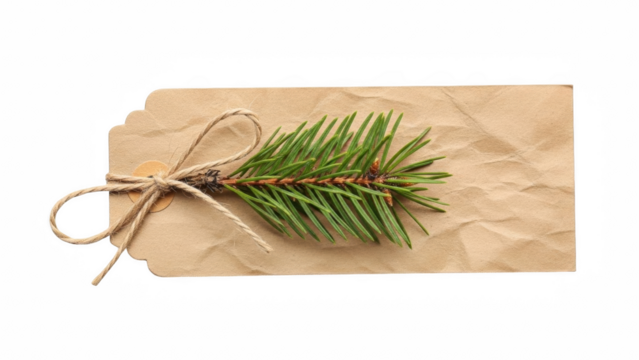 Pine sprig on a brown paper tag tied with twine against a black background in a studio setting on transparent background - Powered by Adobe