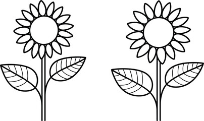 Collection of two simple outline sunflower illustrations with petals, stems, and leaves, ideal for coloring pages.