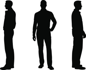 Collection of three male silhouettes in casual shirts and trousers, featuring front and side profile views. © Md Rofequl Islam