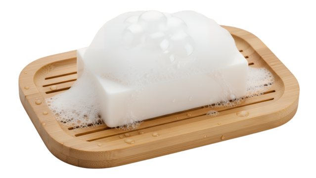 Foamy white bar of soap with abundant bubbles on a wooden dish, representing cleanliness and hygiene, studio shot isolated on transparent background
