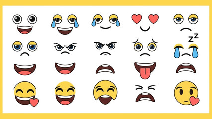 Set of cartoon faces expressing a variety of emotions and feelings, including joy, sadness, anger, and love, presented in a flat vector style on a yellow background