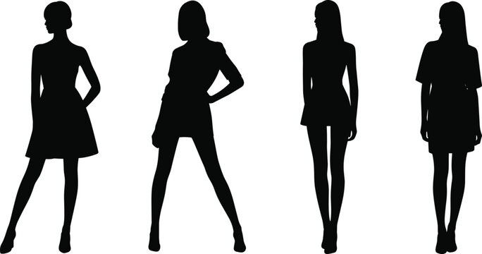 Collection of four female model silhouettes posing in short and mini dresses, ideal for fashion advertising and style.