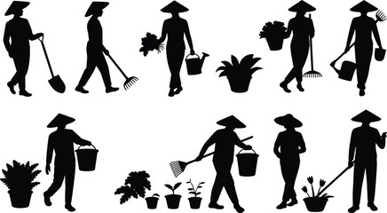 Obraz premium Collection of Asian farmers and gardeners in conical straw hats working with plants, rakes, and shovels.