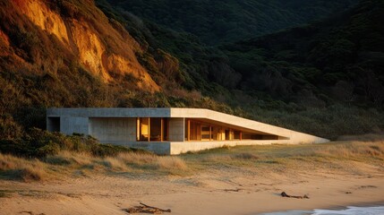Modern Concrete Structure with Angular Design at Beachfront during Sunset Golden Hour
