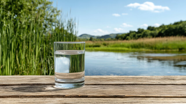 Glass of clear water on wooden dock by river with green reeds and sunny sky