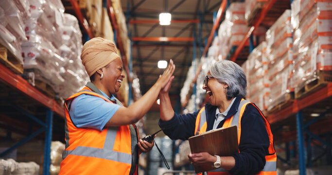 High five, team and logistics with people in warehouse for shipping partner, supply chain or agreement. B2b export, success and ecommerce supplier deal with employees in factory for inspection target