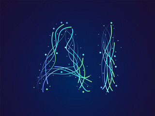 Artificial intelligence with Abstract Letter AI Curved dynamic lines Movement on blue dark background vector design concept. AI technology for advance technology, automation, data visualization, robot
