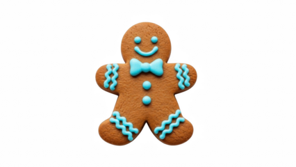 Gingerbread man cookie with blue icing on a black background in a studio shot close up view on transparent background