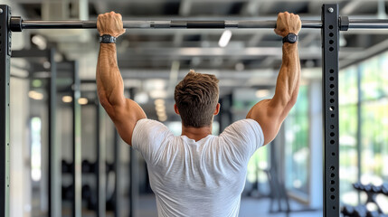 Muscular man pull up exercise in gym wearing white shirt showing back muscles