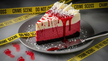 A slice of red velvet cheesecake is presented on a plate, adorned with vibrant red sauce, surrounded by crime scene tape, adding intrigue and mystery to the sweet treat.