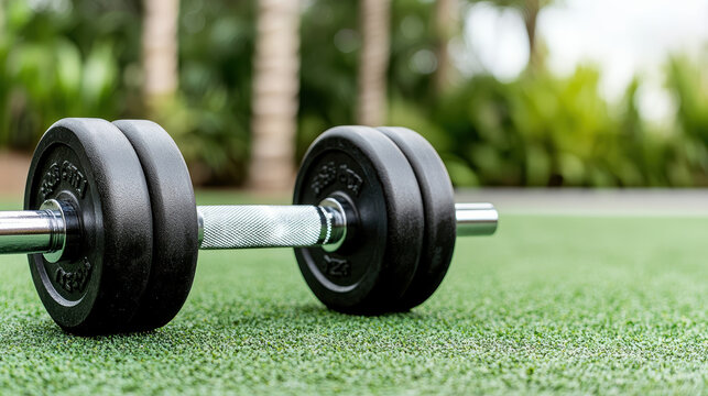 Adjustable dumbbell on artificial grass outdoors showing strength and focus