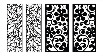 Black Silhouette Decorative Panels with Leaf and Floral Patterns Keywords: decorative panels