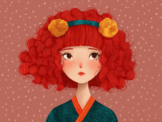 Stylized Portrait of a Young Woman with Red Curly Hair, Teal Headband, and Yellow Flowers on a Textured Background for Children's Illustration
