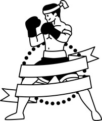 black and white illustration of a male thai boxer