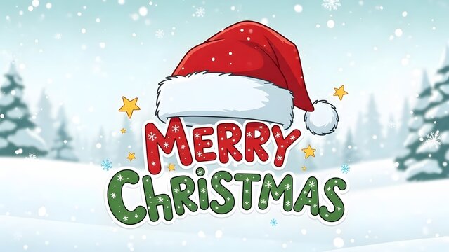 Festive merry christmas illustration with santa hat and snowy background