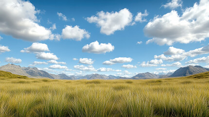Obraz premium Golden grassland moorland open landscape with distant mountains under blue sky