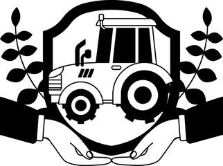 black and white two hand holding a shield and a tractor
