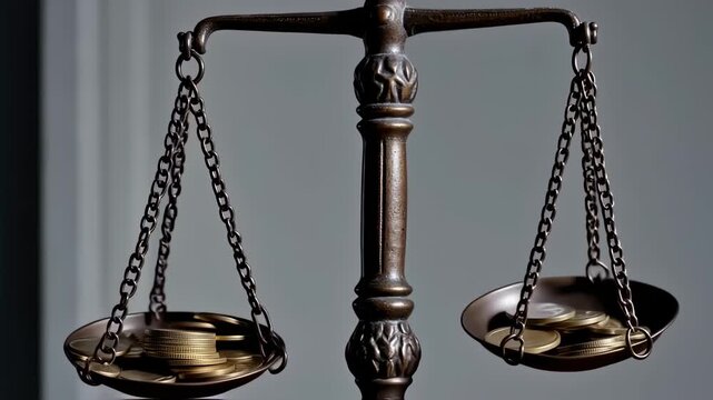 Antique brass scales with chains and coins
