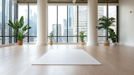 Fototapeta premium Spacious bright yoga studio with large windows, city skyline view and indoor plants