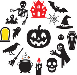 Halloween spooky elements set with pumpkin ghost skeleton bat witch hat and haunted house.