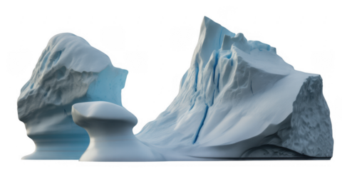 Two sculpted icebergs with textured surfaces and blue glacial ice isolated on a transparent background