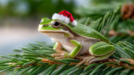 A frog wearing a Santa Claus hat is sitting on a tropical palm tree, with a blurred background of the ocean and sky.