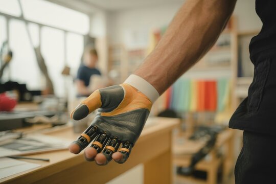 Close up of a prosthetic hand reaching out in a workshop setting