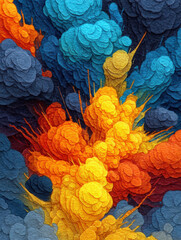 Abstract Colorful Explosion with Layered Texture: A Vibrant Blend of Yellow, Orange, and Blue in a Dynamic, Textured Composition for Creative Backgrounds