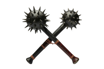 Two spiked maces crossed with dark leather handles and brown twine bindings isolated on a transparent background