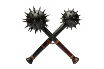 Two spiked maces crossed with dark leather handles and brown twine bindings isolated on a transparent background