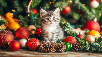 A kitten among the New Year decorations of balls, fir branches, cones, and garlands. The background is decorated with lights that create an atmosphere of coziness, celebration, and magic.